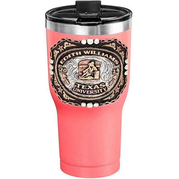 A customized tumbler made of stainless steel with a personalized engraved name and Texas University lettering with barrel racing figure, 30 oz, ideal for coffee or cool drinks